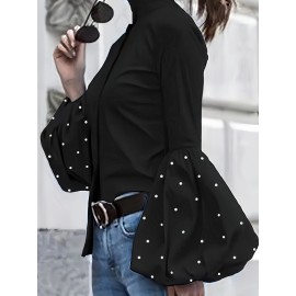 Pearl Detail Chic High Neck Long Sleeve Shirt - Polyester-Spandex Blend, Solid Color, Regular Fit, Woven Fabric, Ideal for Spring/Fall - Women'S Fashion