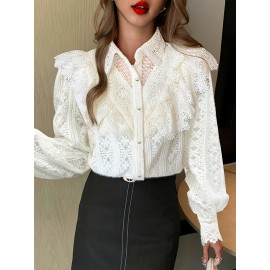 [Elegant Lace Blouse] White Elegant French Lace Blouse | Long Sleeve, Polo Neck, Intricate Lace Detail, Perfect for Casual Weekend Attire