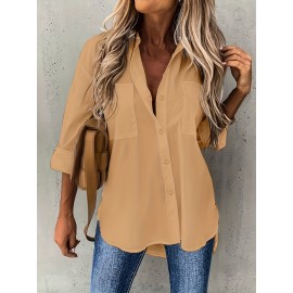 [Casual Button-Up Shirt] Relaxed Fit Women's Casual Long Sleeve Button-Up Shirt | Solid Color, 3/4 Sleeve Design with Chest Pocket, Versatile All-Season Top for Casual Attire