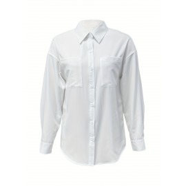 [Casual Button-Up Shirt] Relaxed Fit Women's Casual Long Sleeve Button-Up Shirt | Solid Color, 3/4 Sleeve Design with Chest Pocket, Versatile All-Season Top for Casual Attire