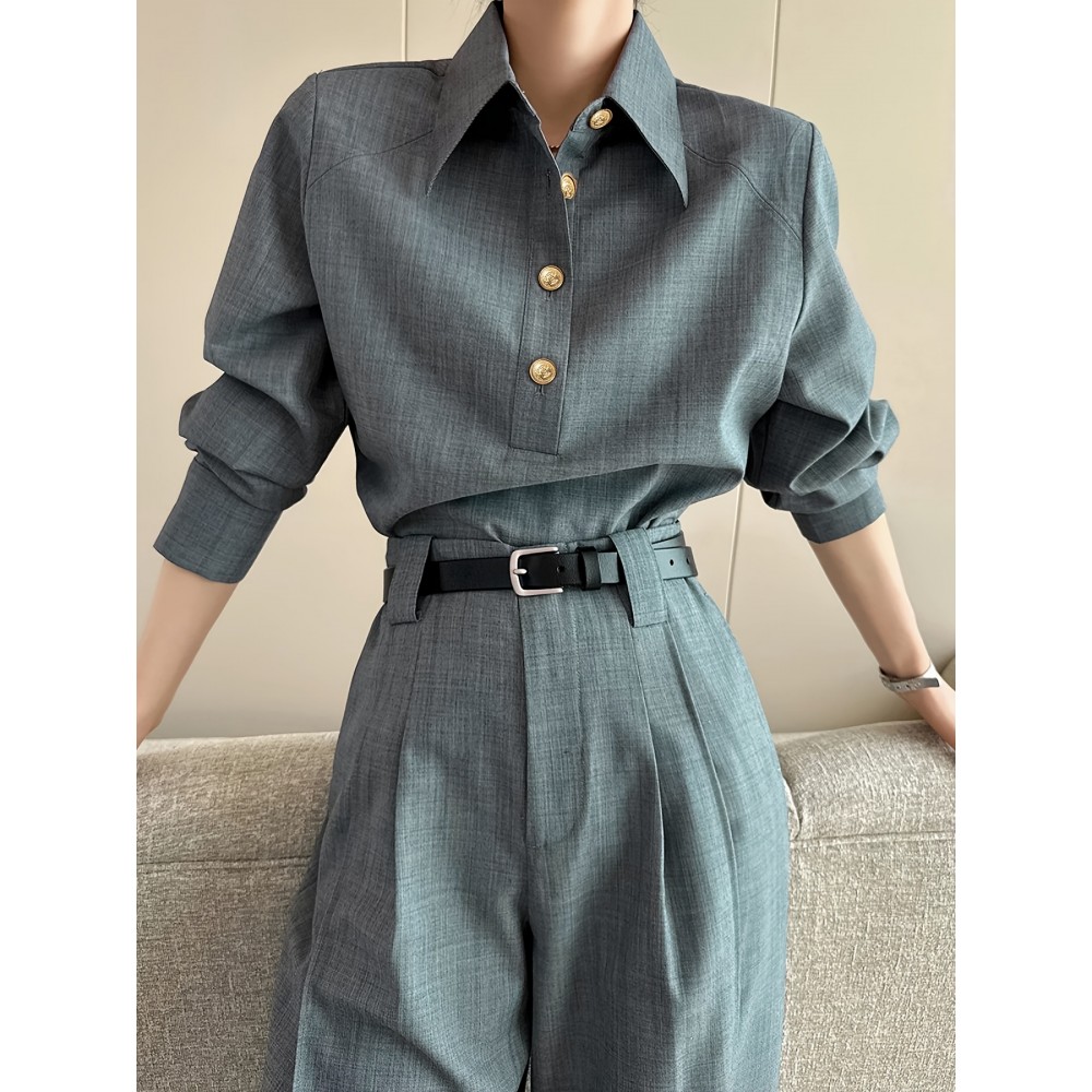 [Structured Collar] Structured Collar Blouse Women's | Long Sleeve Wrinkle-Resistant Shirt Jacket-like Top, Solid Grey with Buttons, Tailored Casual & Professional Wear for Office, Semi-Formal Events, Machine Washable Spring/Fall Outerwear