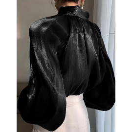 [Laceup Detailing Retro Fashion] Vintage Elegant Women's Blouse - Long Sleeve High Neck Shirt with Tie-Front Detail, All-Season Formal & Everyday Blouse for Office, Parties, Casual Outfits - Women's Clothing, Party Attire, Laceup Detailing, Office Attire, Retro Fashion