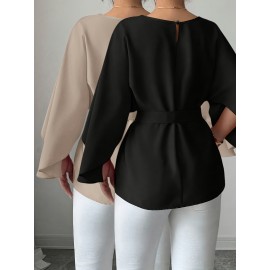 2pcs Women'S French Style Round Neck Batwing Sleeve Blouse with Waist Tie - Elegant Solid & Tunic Shirts, All-Season Layering Tops for Casual & Formal, Versatile Clothing, Classic Design, Stylish Shirt, Fashion Lovers, Office Wear