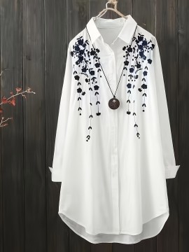 Women'S Chic Embroidered Long Sleeve Blouse - White with Black Floral Design, Perfect for Spring/Summer, Casual Attire, Casual Attire|Floral Embroidery|Detailed Embroidery