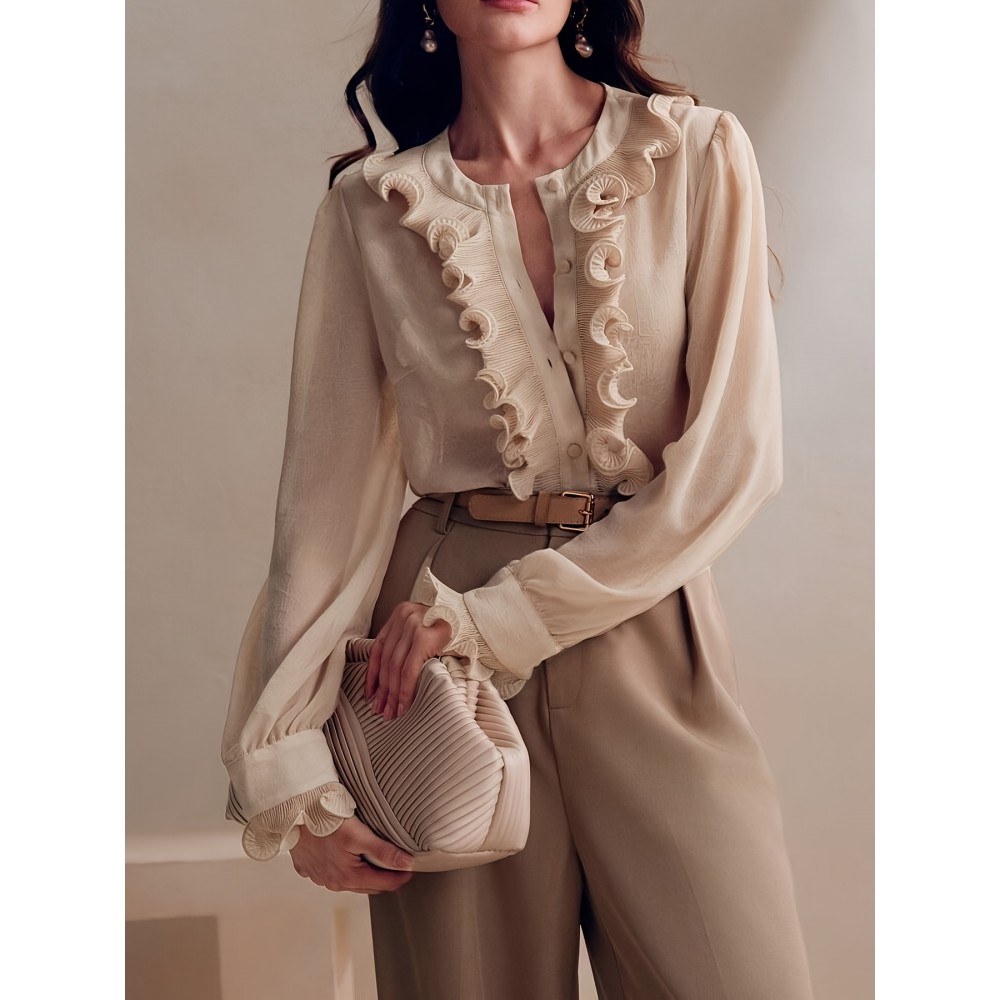 Women'S French-Inspired Elegant Long Sleeve Shirt with Ruffled Cuffs - Round Neck Pleated Design, Lightweight Beige Blouse for Spring Summer Fall, Versatile for Valentine'S Day, Vacation & Business Casual Outfits, Vacation Clothing, Soft Texture Top