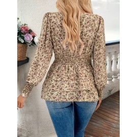 [Retro Floral Print Shirt] 100% Polyester Women's Elegant Retro Floral Print Shirt | Waist-Cinching, Criss Cross Neck, Woven Shirting for Outdoor & Autumn Season