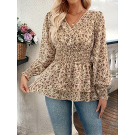 [Retro Floral Print Shirt] 100% Polyester Women's Elegant Retro Floral Print Shirt | Waist-Cinching, Criss Cross Neck, Woven Shirting for Outdoor & Autumn Season