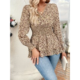 [Retro Floral Print Shirt] 100% Polyester Women's Elegant Retro Floral Print Shirt | Waist-Cinching, Criss Cross Neck, Woven Shirting for Outdoor & Autumn Season