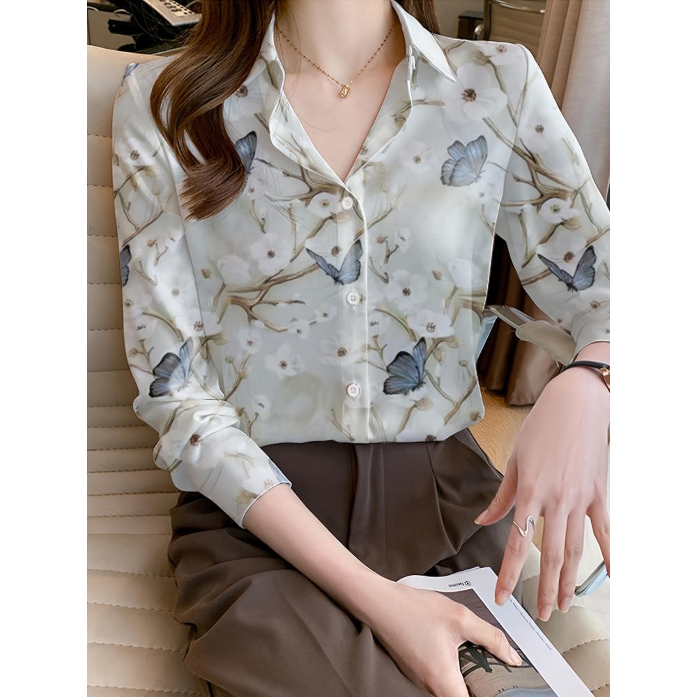 Women'S Elegant Floral and Butterfly Print Long Sleeve Shirt - Casual Turnover Collar, Single-Breasted POLO Style Top for Spring/Fall, Floral Print Blouse