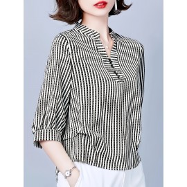 [Breathable Black & White] Elegant Women's Loose V-Neck Shirt With 3/4 Sleeves And An Asymmetrical Hem, Breathable Black And White Stripes For Spring, Summer, And Autumn