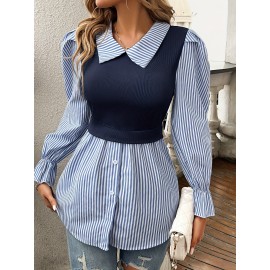 Striped Print Color Block Splicing Blouse, Elegant Long Sleeve Single Breasted Blouse For Spring & Fall, Women's Clothing
