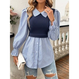 Striped Print Color Block Splicing Blouse, Elegant Long Sleeve Single Breasted Blouse For Spring & Fall, Women's Clothing
