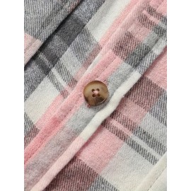 Women's Casual Long Sleeve Gingham Shirt - 100% Polyester Lapel Collar Blouse with Pockets, Regular Fit Plaid Button-Up for Fall/Winter