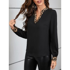 Elegant Women's Leopard Print V-Neck Blouse - Semi-Sheer, Color Block Design, Machine Washable