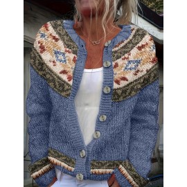 Women's Retro Elegant Geometric Pattern Cardigan Sweater - Blue Brown Beige White Contrast Trim, Round Neck Long Sleeve Button Front Closure, All-Season Machine Washable Sweater for Casual & Formal Outfits, Sweaters Cardigan for Women, Cardigan with Design, Womens Cardigans, Cute Sweater, Winter Cardigan for Women High Quality