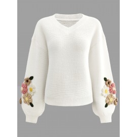 V-Neck Color Block Three-Dimensional Lantern Sleeve Versatile Pullover Top