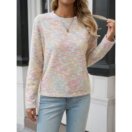 Women's Rainbow Striped Sweater - Pastel Color Block Design, Soft Round Neck Pullover, Hand Washable All-Season Casual Top, Cute Sweaters, Durable Fabric