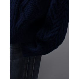 Women'S Vintage Cable Cardigan - Navy Button-Front Sweater with Ribbed Collar, Long Sleeve Casual Open Front Sweater for Spring/Fall, Office, Party