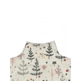 [Elegant High-Neck Sweater] Soft Beige, Women's Elegant High-Neck Sweater with Tree Print | Long Sleeve, All-Season Wear, Perfect for Casual or Chic Outfits, Versatile Clothing | Chic Knitwear | Texture