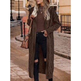 Brown Women's Oversized Hooded Cardigan Sweater with Pockets - Thick Winter Warmth, Mid-Stretch Comfort, Elegant Longline Coat for Fall & Winter, Casual to Semi-Formal Outfits
