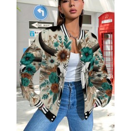 Women's Plus-Size Western Bohemian Cow Skull & Floral Print Jacket - Beige & Teal Cowboy Coat with Button Front, Long Sleeve Bomber for Country Concerts, Fall Winter Outfits - Machine Washable Outerwear