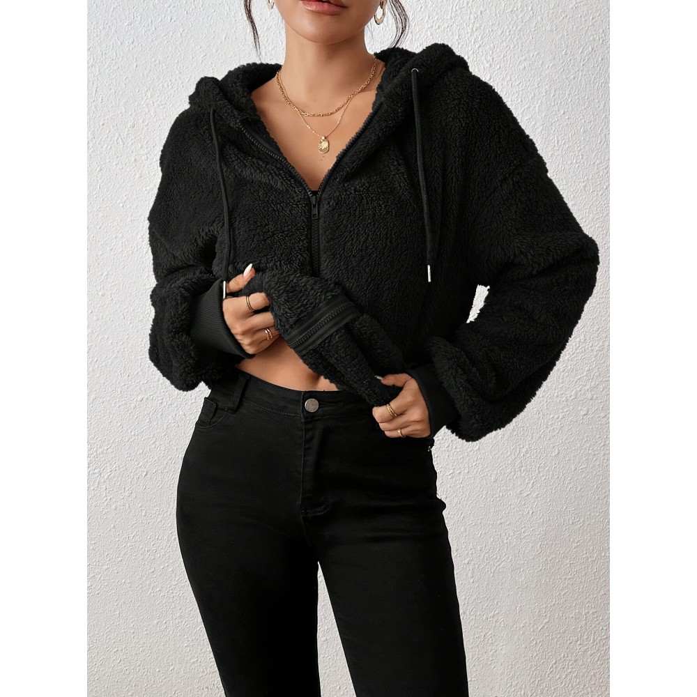 Plus Size Women's Winter Hooded Zip Jacket - Solid Color Sporty College Style Sweatcoat with Hood, Thick Warm Outerwear for Cold Weather, Gym, Skiing & Casual Attire (Machine Washable)