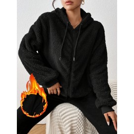 Plus Size Women's Winter Hooded Zip Jacket - Solid Color Sporty College Style Sweatcoat with Hood, Thick Warm Outerwear for Cold Weather, Gym, Skiing & Casual Attire (Machine Washable)