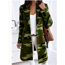 Plus-Size Women's Oversized Collar Button-Front Jacket - Winter-Ready Green & Golden Triangle Print Coat, Machine-Washable Casual to Formal Outerwear with Pockets, Wrinkle-Resistant Layering Piece (No Transparency)