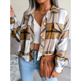 Women's Plus Size Sporty Loose Fit Casual Plaid Shirt Jacket - Long Sleeve Button-Up Front with Golden-Tone Buttons, Classic Collar & Machine Washable, Blue/White/Black/Beige for Fall Winter Layering, Autumn Apparel, Durable Fashion, Casual Attire, Quality Stitching, Everyday Outfit