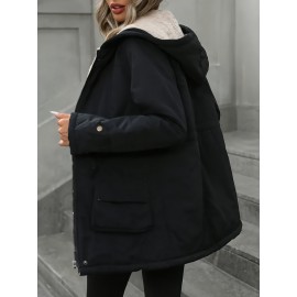 Women'S Plus Size Hooded Jacket - Windproof Winter Coat with Snap Button Closure, Full-Zip Front, Long Sleeve Athletic Outerwear for Gym, Running, Casual Outfits - Cold Weather Outerwear (Fall/Winter), Running Gear, Sporty Design, Durable Fabric, Fitness Enthusiasts