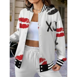 Plus Size Women's White XOXO Lip Print & Red Lips Heart Pattern Baseball Jacket - Cute Kiss Hug Design with Lipstick Kisses & XOXO Logo, Single-Breasted Long Sleeve Winter Coat, Casual Outerwear for Valentine's Day Gift