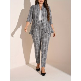 Plus Size - Women'S Plus Size Casual Plaid Suit Set - Open Front Blazer & Pants, Light Gray & White Checkered Pattern, Long Sleeve, Button-Up, Spring/Fall Office or Casual Attire, Casual Attire|Checkered Pattern|Slight Stretch Fabric