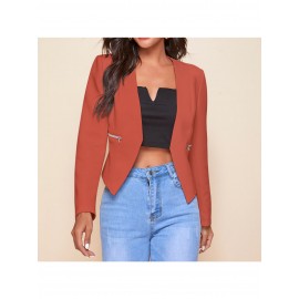 Plus Size, Women's Plus-Size Elegant Mustard-Yellow Blazer with Black Collar & Zipper Pockets - Structured Collar Long Sleeve Tailored Coat, All-Season Versatile Jacket for Casual, Business & Formal Wear - Machine Washable Tailored Fit (Vibrant Yellow) - Front Placket, Notched Collar, Zipper Closure, Solid Color, Suitable for Spring & Autumn, Mature Style, Suitable for Casual Attire, Plus Size Womens Blazer, Oversized Blazer For Women Plus Size,