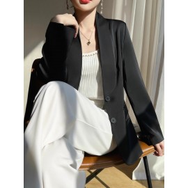 Plus Size - Women'S Luxury -Like Satin Loose-Fitting Suit Jacket - Thin Design Professional High-End Tailored Blazer, Solid Color Elegant Office & Formal Wear, Spring/Autumn Versatile Outerwear for Business, Weddings, Semi-Formal Events - Women'S Fa