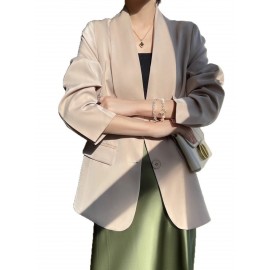 Plus Size - Women'S Luxury -Like Satin Loose-Fitting Suit Jacket - Thin Design Professional High-End Tailored Blazer, Solid Color Elegant Office & Formal Wear, Spring/Autumn Versatile Outerwear for Business, Weddings, Semi-Formal Events - Women'S Fa
