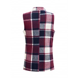 Plus Size - Plus Size, Women'S Plus Size Sleeveless Stand Collar Blazer - Elegant Plaid Print (Green/Black/White) H-Line Silhouette, Structured Lapel Collar & Open Front Closure, Long Length for Office Commute & Casual Outfits, Autumn Winter Outerwear, Versatile Tailored Fit, Workwear Essential, Highquality Stitching, Quality Tailoring