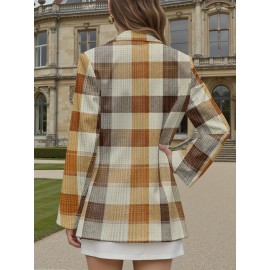 Plus Size - Plus Size Women'S H-Line Structured Blazer Jacket - Elegant Plaid Print (Brown/Beige/Tan/White) Long Sleeve Tailored Coat with Pockets, Machine Washable, Single-Button Closure for Office, Party & Semi-Formal Attire - Spring/Fall Outerwear, Versatile Casual to Professional Wear, Jackets for Women Plus Size, Plus Size Womens Coats And Jackets, Blazer for Women Plus Size Elegant Classy, Coats for Women, Plus Size Coats, Cardigan For Women, Women Cardigan, Plus