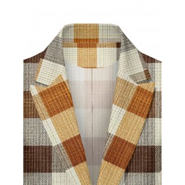 Plus Size - Plus Size Women'S H-Line Structured Blazer Jacket - Elegant Plaid Print (Brown/Beige/Tan/White) Long Sleeve Tailored Coat with Pockets, Machine Washable, Single-Button Closure for Office, Party & Semi-Formal Attire - Spring/Fall Outerwear, Versatile Casual to Professional Wear, Jackets for Women Plus Size, Plus Size Womens Coats And Jackets, Blazer for Women Plus Size Elegant Classy, Coats for Women, Plus Size Coats, Cardigan For Women, Women Cardigan, Plus