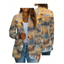 Plus Size, Women's Western Cowgirl Print Blazer Jacket - Horse & Cowboy All-Over Pattern (Horses/Tents/Hats) - Soft-Lining Polyester Suit Coat for Casual & Professional Wear, Cowboy-Themed Events, Wrinkle-Resistant H-Line Fit (No Belt), Printed Blazers For Women, Jackets For Women, Blazers For Women Elegant Classy, Halloween Plus Size, Casual Blazer For Women, Unusual Clothes For Women, Suits For Women, Halloween Coat, Boho Blazer For Women, Leopard Long Coat, Tops For Women