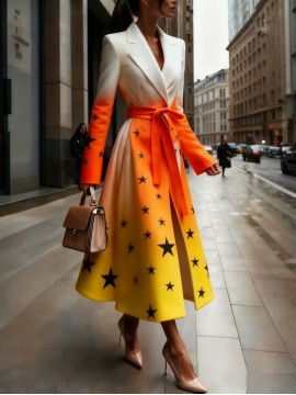 Plus Size - Women'S Elegant Lapel Blazer - Slim-Fit Long Knee-Length 2D Printed Suit Coat with Golden Pattern, Structured Lapel Collar & Single-Button Closure, All-Season Versatile Work, Travel & Outing Coat for Professional & Casual Wear - Queen-In