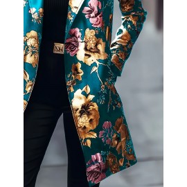 Plus Size - Plus Size Women'S Elegant Floral Print Blazer - Long Sleeve, Single-Breasted, Non-Stretch Fabric, Lapel Collar, Regular Fit, Fall/Winter Casual, Casual Wear Blazer | Floral Print Blazer | Nonstretch Fa