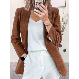 Plus Size, Plus Size Women's Corduroy Blazer Jacket - Elegant /Notch Collar Slim-Fit Cardigan, Solid Color Casual Professional Light Business Outerwear, Machine Washable Fall Winter Swe Coat for, Office & Commute - All Light Beige Tones Available