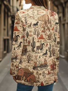 Plus Size, Women's fashion exquisite printed long-sleeved mandarin collar suit jacket, polyester suit fabric, soft lining, fake pockets, suitable for both casual and professional stylish and generous.