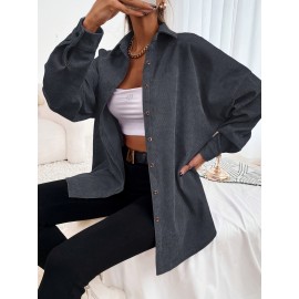 1pc Elegant Solid Color Corduroy Drop Shoulder Long Sleeve Shirt for Women, Polyester, Button-Up Front, Spring/Autumn Season, Adult Casual Loose Fit Top