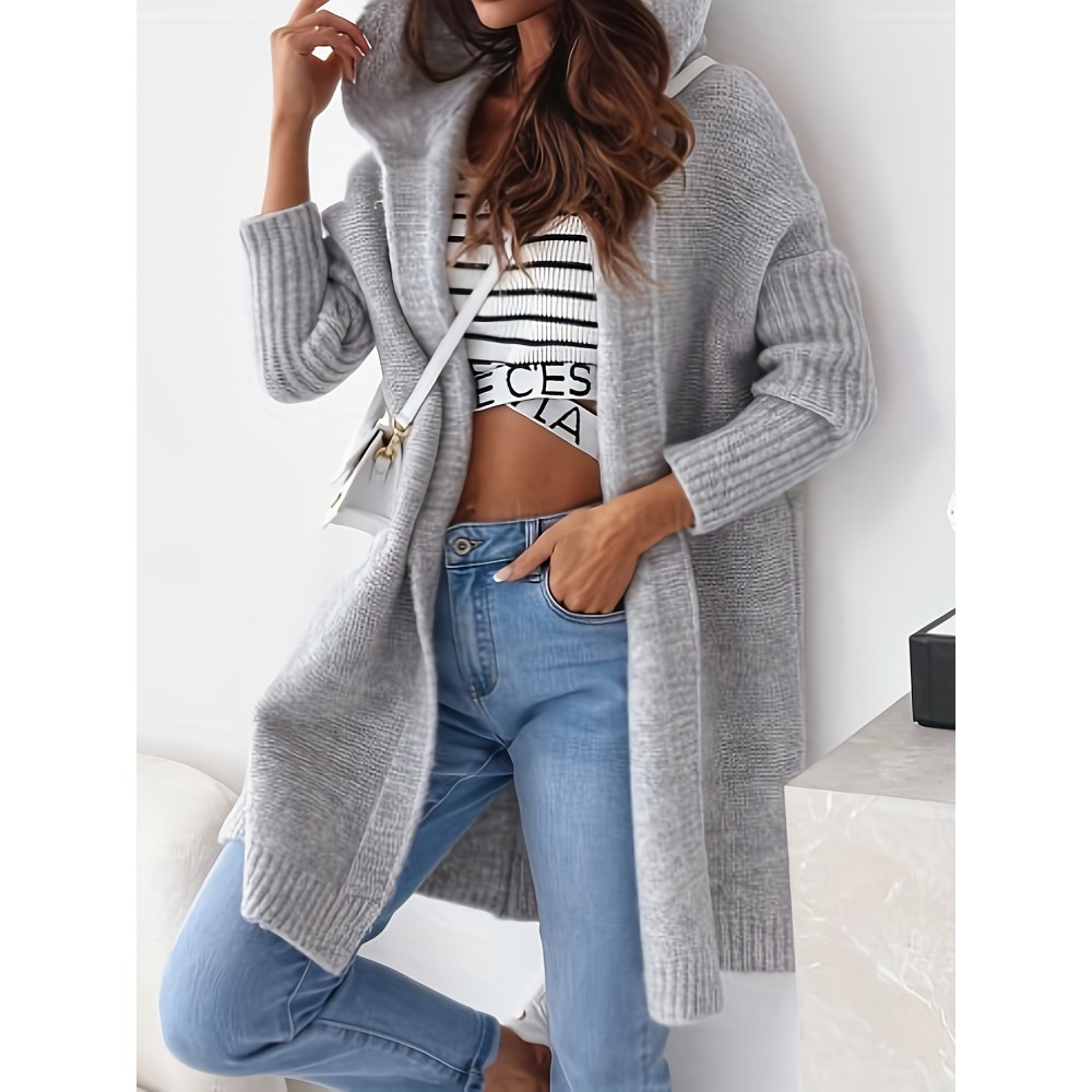 Women'S Light Gray Cardigan - Casual Loose-Fit Long Sleeve Hooded Sweater for Fall/Winter, Versatile Layering Piece with Button Details, Sweater Cardigan