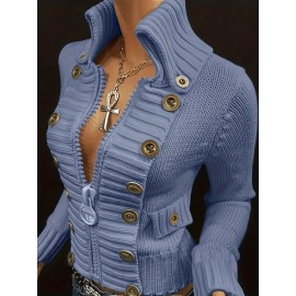 Multi-button decorated large zipper stand-up collar slim-fit cardigan