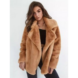 Women'S Plus-Size Elegant Plush Lapel Winter Jacket - Soft Brown/ - Open Front Coat with Classic Collar & Long Sleeves - All-Season Casual to Formal